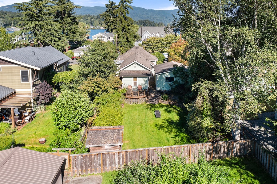 Aerial view of charming neighborhood homes nestled among lush trees with mountains in the distance.
