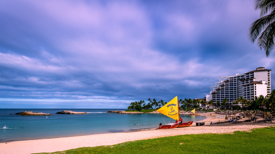 The scenic lagoon with sandy beaches and captivating skies.