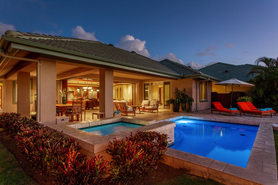 Softly lit and serene, the pool and spa invite a peaceful nighttime swim beneath the island stars.