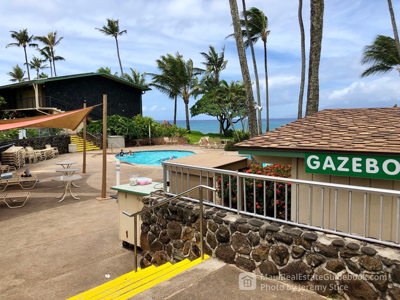 Lower pool and the on site restaurant Gazebo for breakfast and lunch