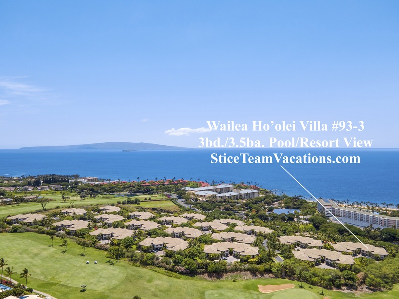 Aerial view of Wailea Hoolei Resort, highlighting Wailea Hoolei 93-3 and its luxurious surroundings.