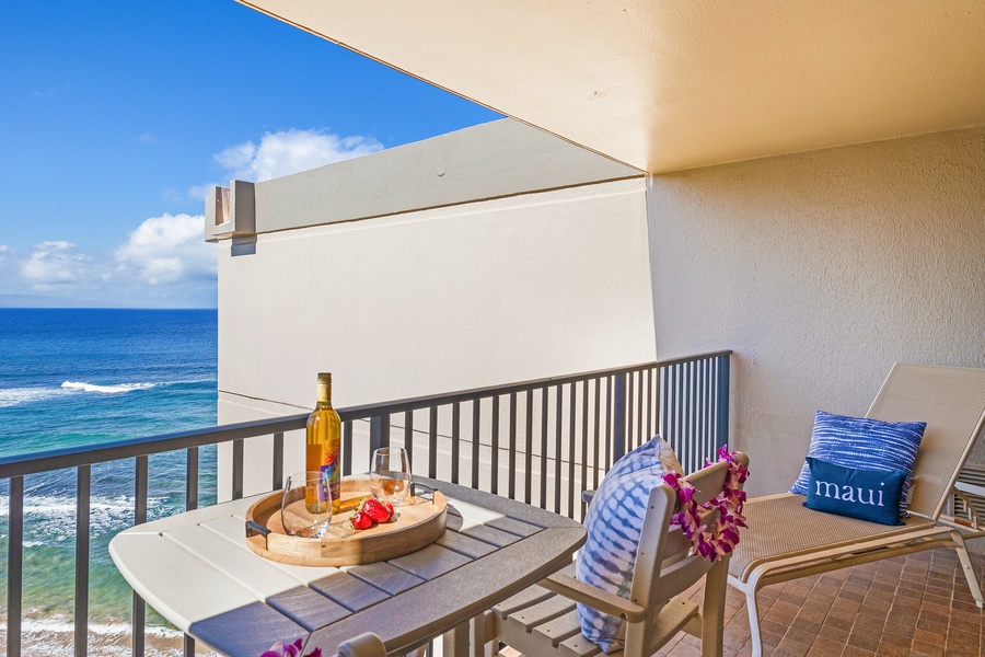 Enjoy ocean and pool views while sipping drinks on Kaanapali Shores 903’s relaxing lanai.