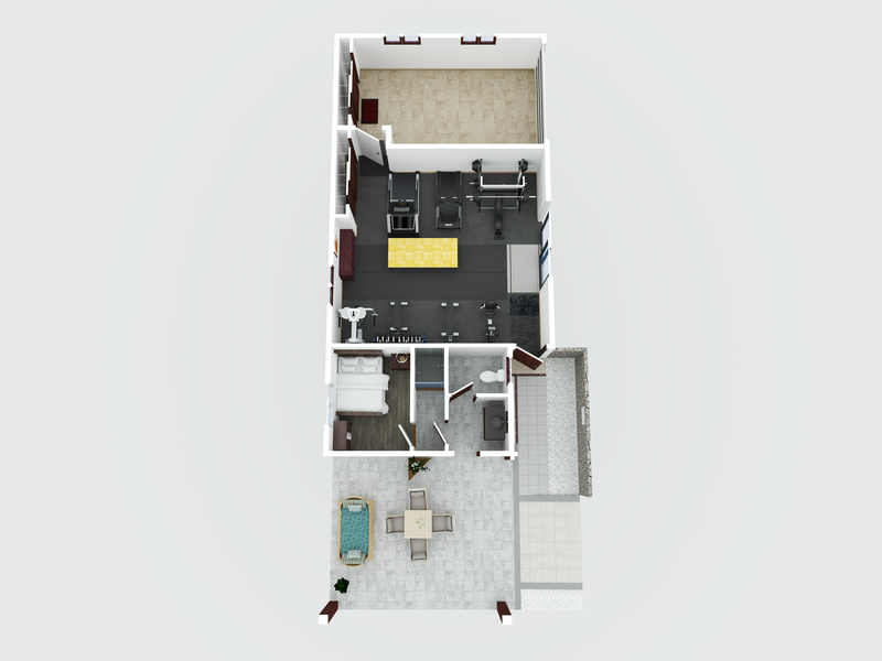 Bird’s-eye 3D view highlighting the seamless blend of indoor living and outdoor luxury.