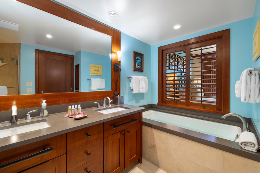 The primary guest bathroom with a luxurious soaking tub.
