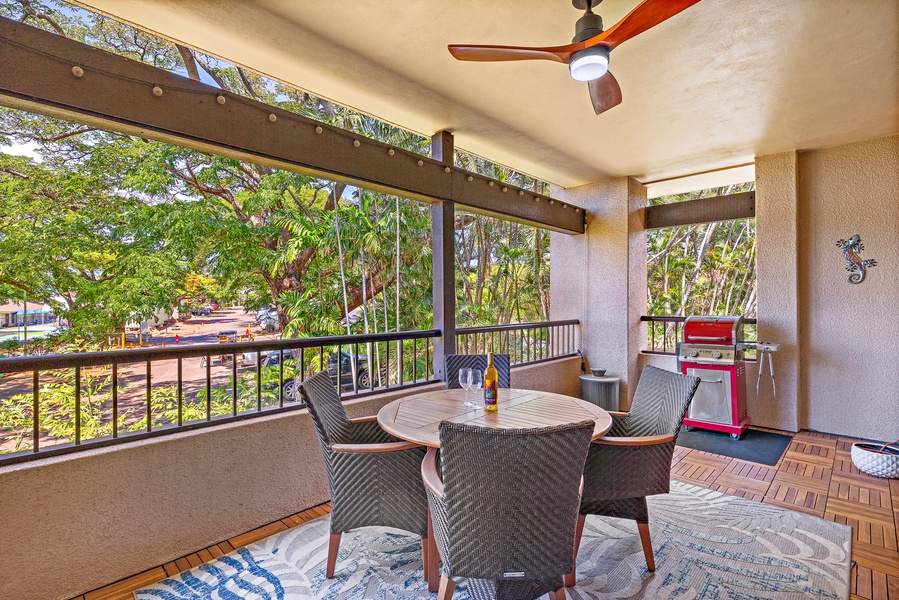 Relax and dine on the lanai with a peaceful garden view and BBQ grill.