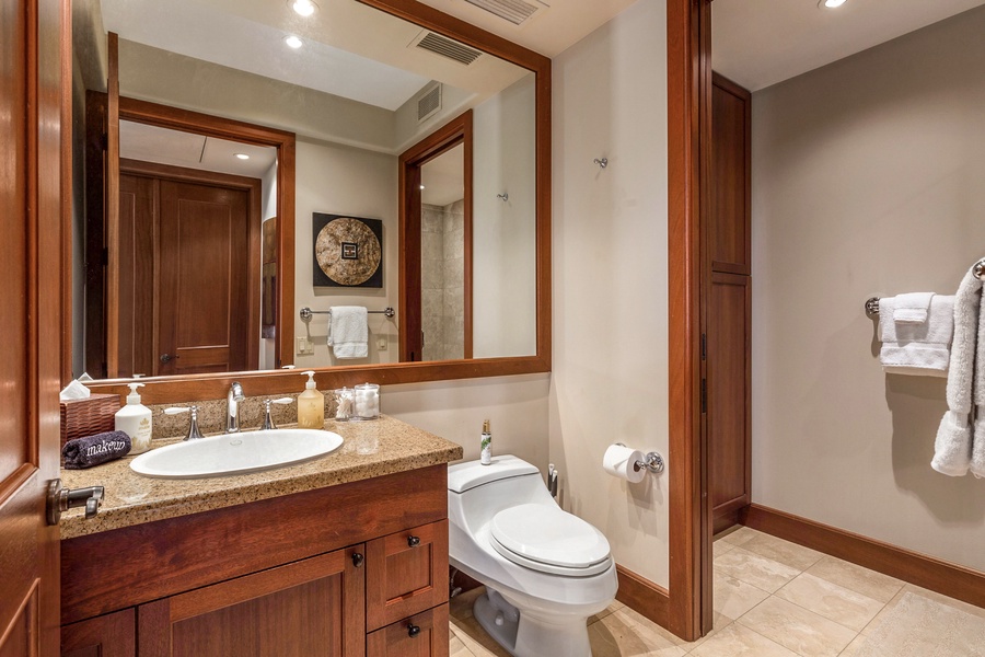 Guest full bath with granite counter top and walk-in shower.