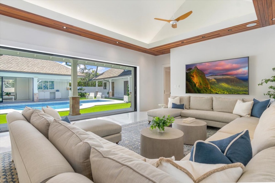 Comfortable seating in the great room, perfect for unwinding while gazing out at the sea.