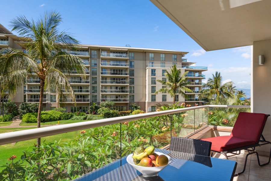 Start your day with breakfast on the shaded lanai of Honua Kai Konea 204—paradise in every direction.