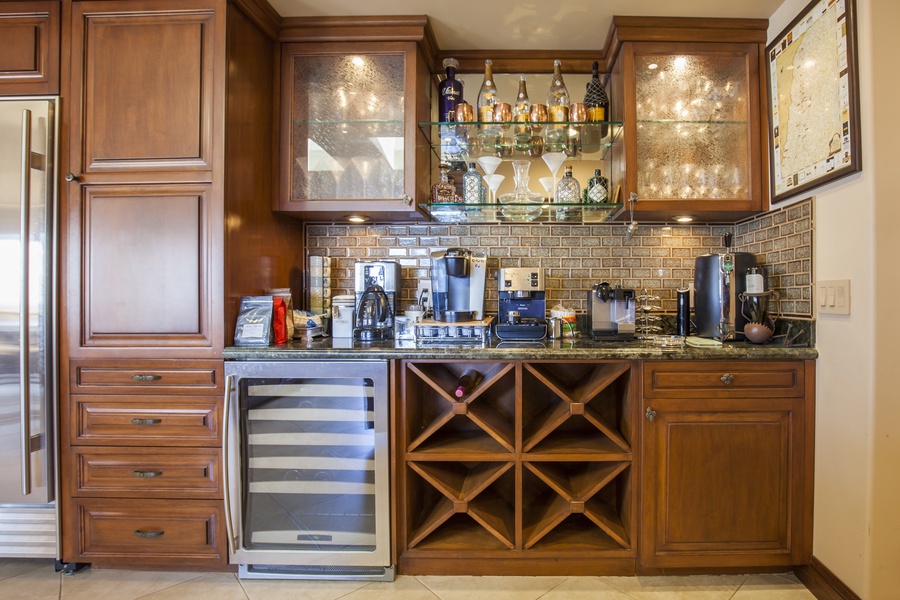 Stocked bar and wine fridge