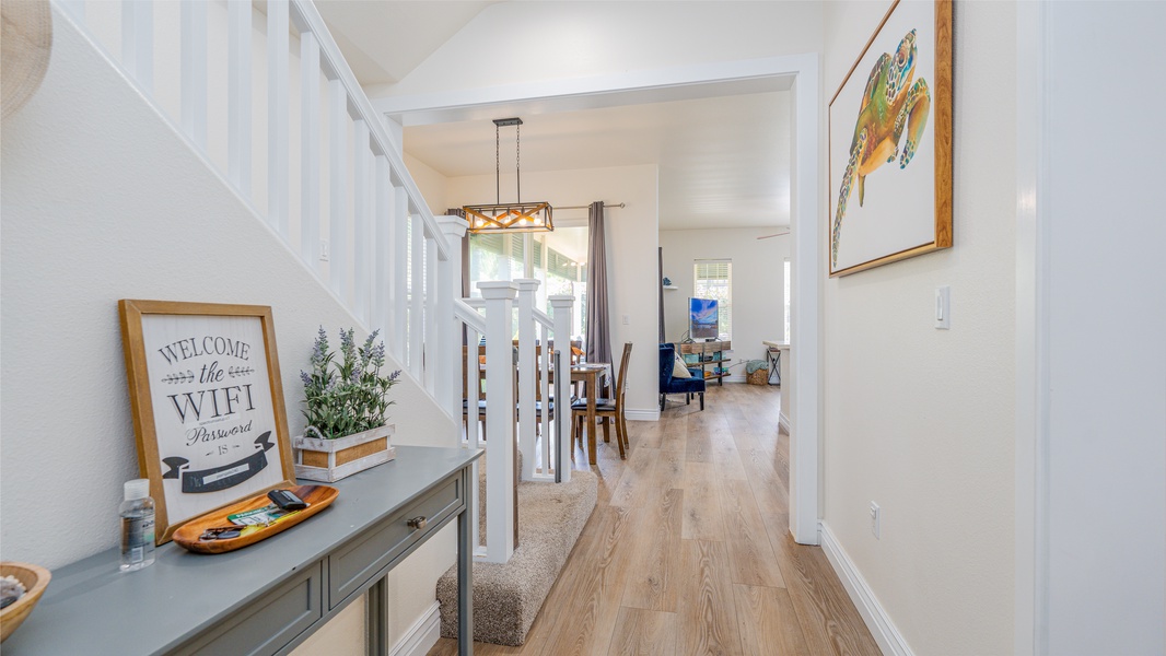 The stairs in the condo and warm wood tones throughout.