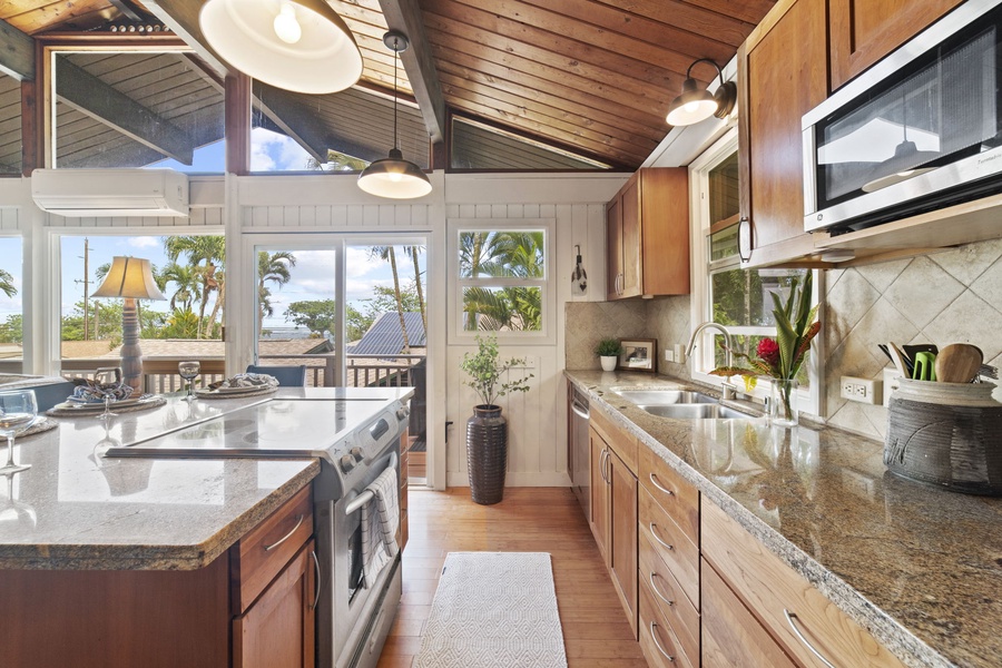 Enjoy ocean views while cooking in this spacious kitchen