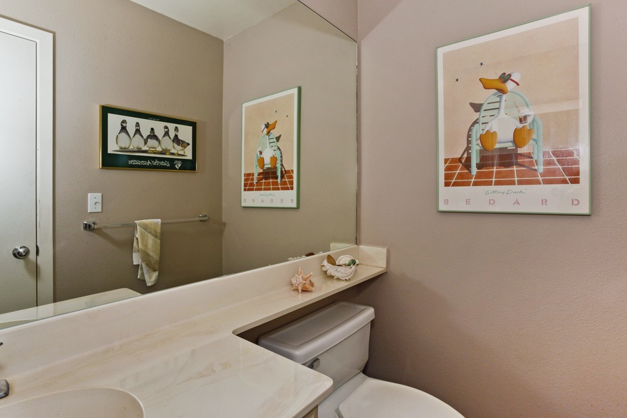 The third guest bathroom is a half bathroom located downstairs.