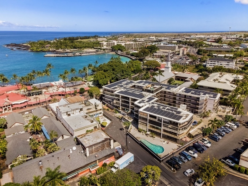 Overhead view of the complex nestled near Kona’s vibrant waterfront.