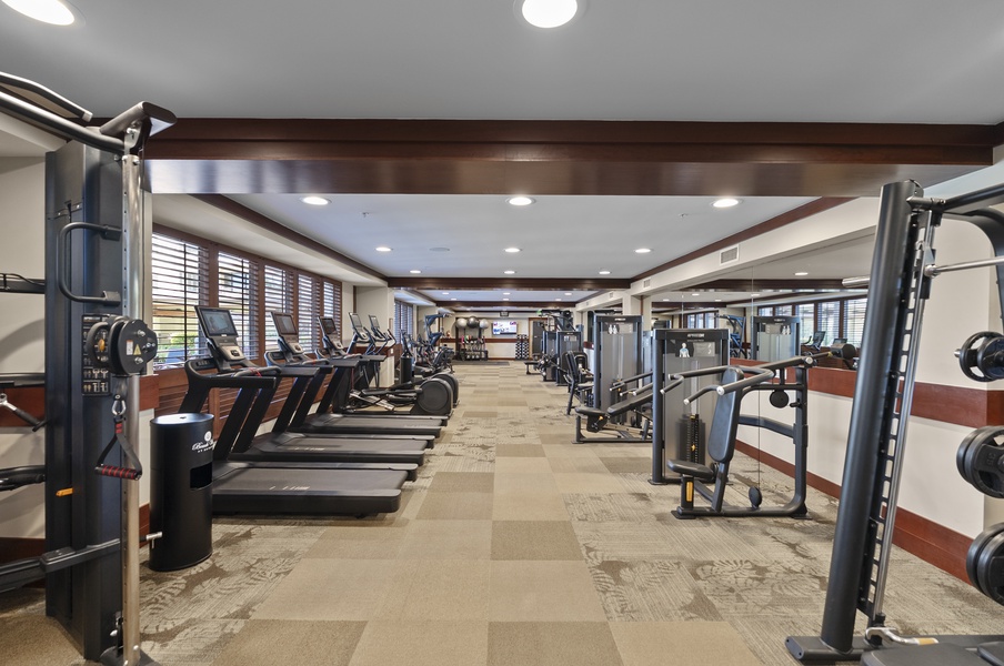 Run indoors when the sun's too much, cardio lined up the length of the room.