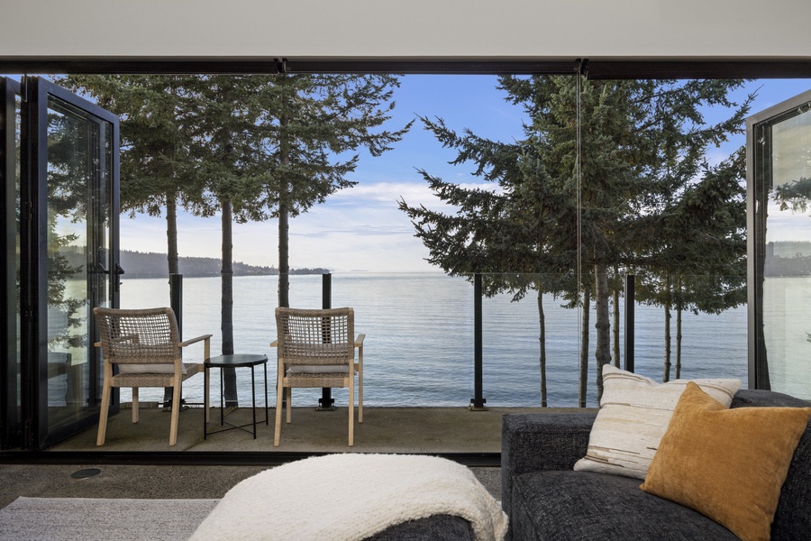 Morning calm on the deck — enjoy coffee or quiet reflection above the peaceful waters of Bellingham Bay.