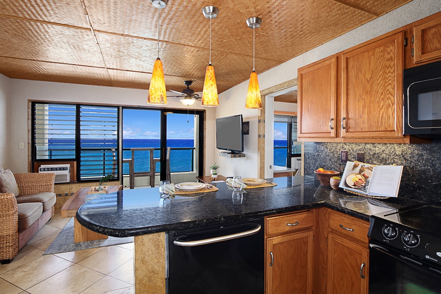 Kitchen with an ocean view