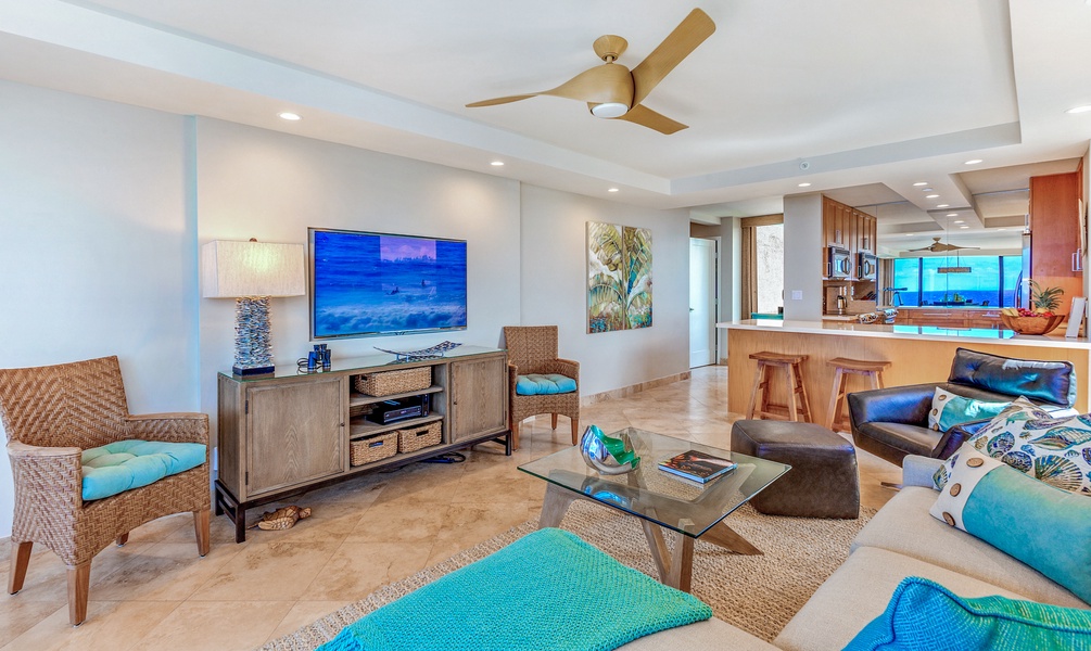 Kick back at Mahana 1119 with a movie or music in this cozy space near the kitchen.