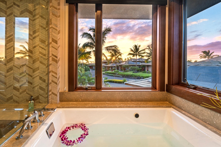 Unwind with a soak in the tub while enjoying golden hour reflections.
