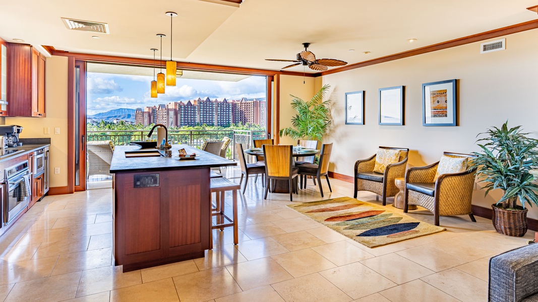 This perfectly decorated kitchen, dining and living area has the brightest panoramic views.