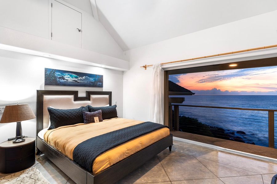Wake up to glowing ocean views in this king suite with lanai access.