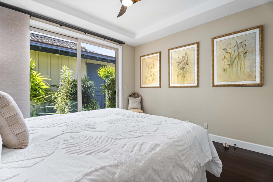 Views of the manicured landscape through the sliding door