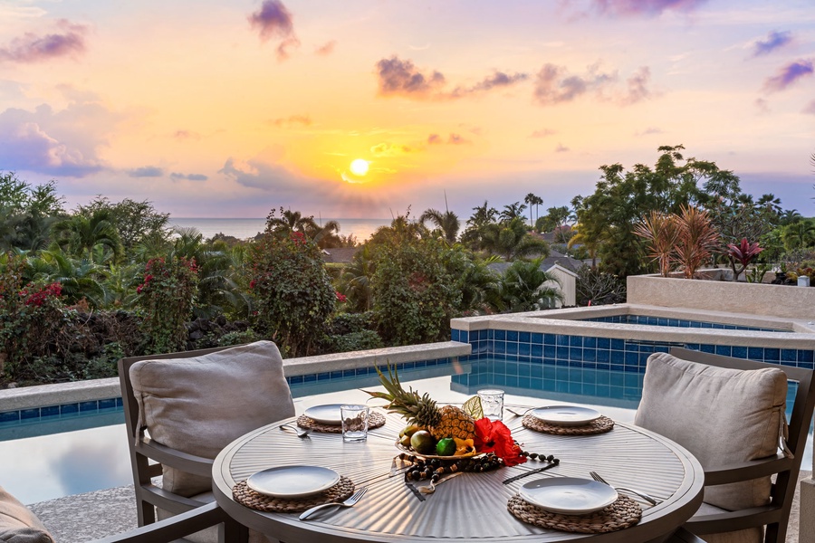 Unwind with sunset views from this picturesque dining spot by the pool.