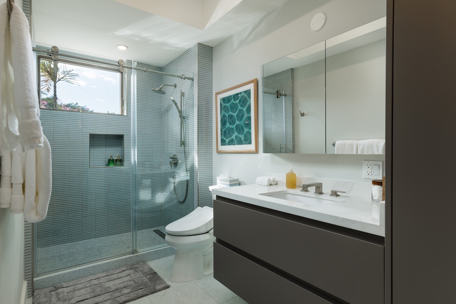 Ensuite bathroom with a walk-in shower in a glass enclosure.