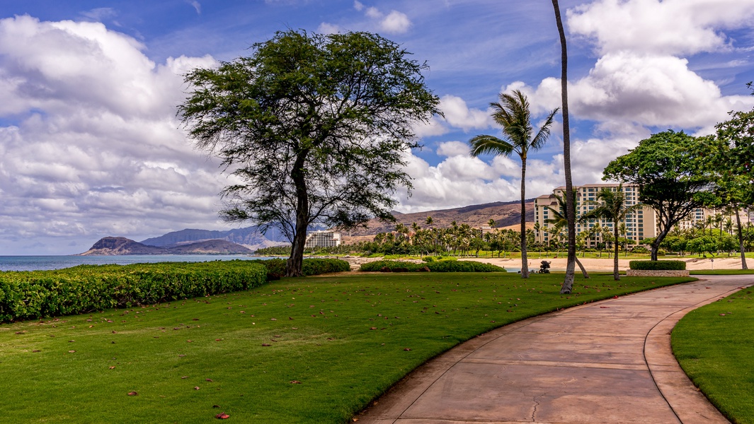 Paved walkways with majestic scenery along the lagoon.