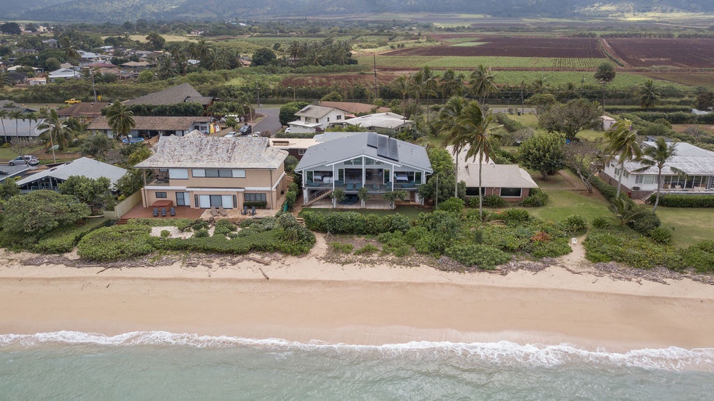 Aerial shot of beachfront Sea of Glass property and surrounding neighborhood