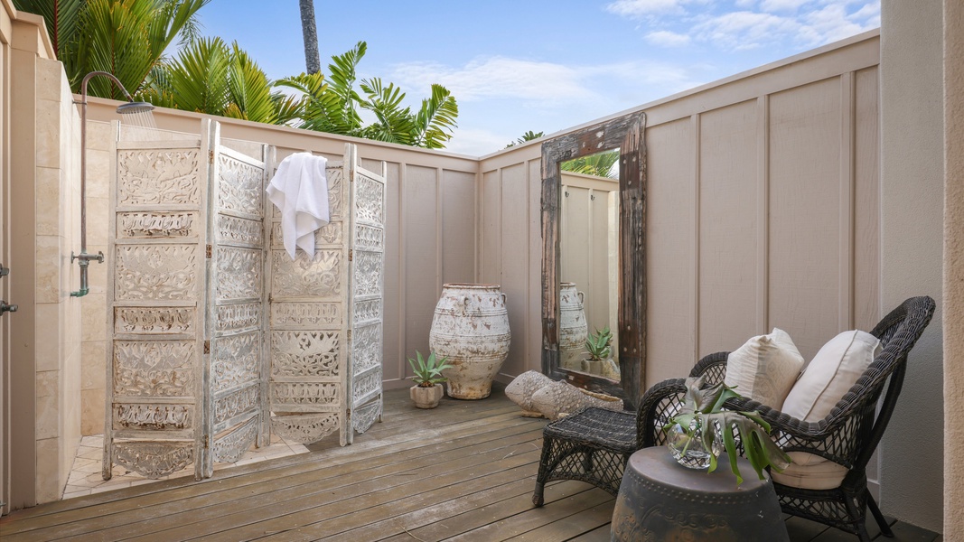 Relax in the outdoor nook, perfect for a quiet retreat or enjoying a morning coffee.