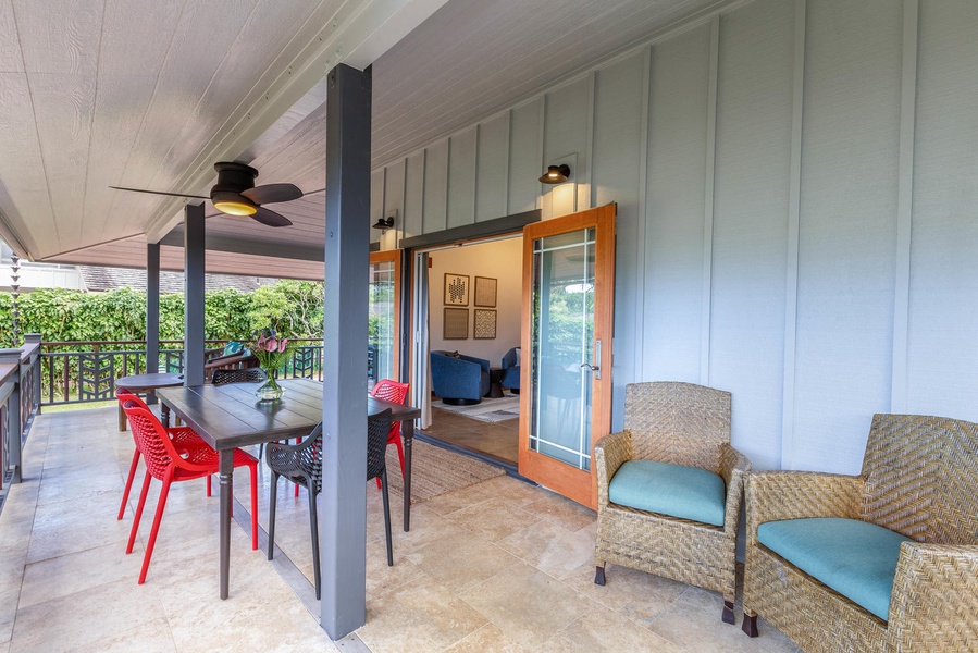 Covered lanai with places to dine and relax