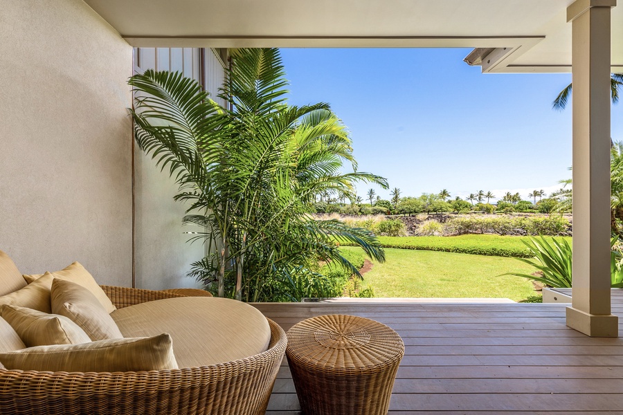 Primary deck with circular day bed lounger.