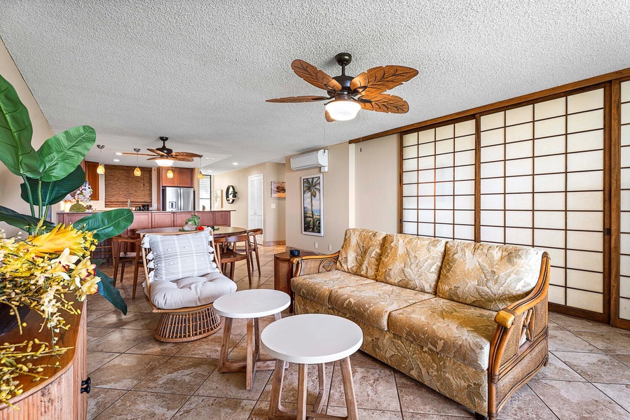 Retreat in the living area with plush couches and occasional seats