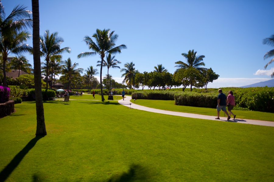 Peaceful green space frames the entrance to Honua Kai Konea 204 in the heart of West Maui.