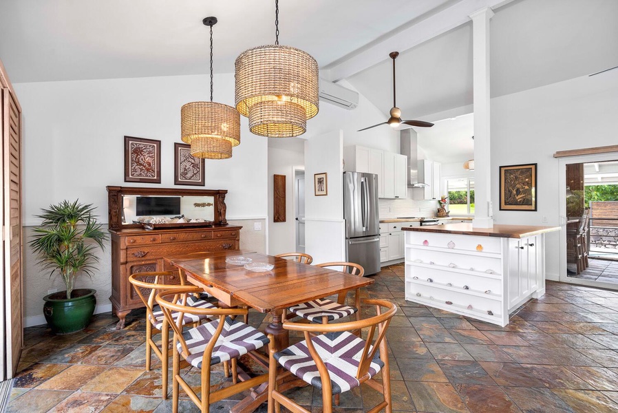 The rustic charm of the dining area with table for six right off the kitchen island.