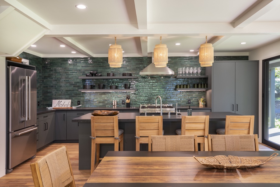 Kitchen and dining space combining rustic elements with sleek finishes.