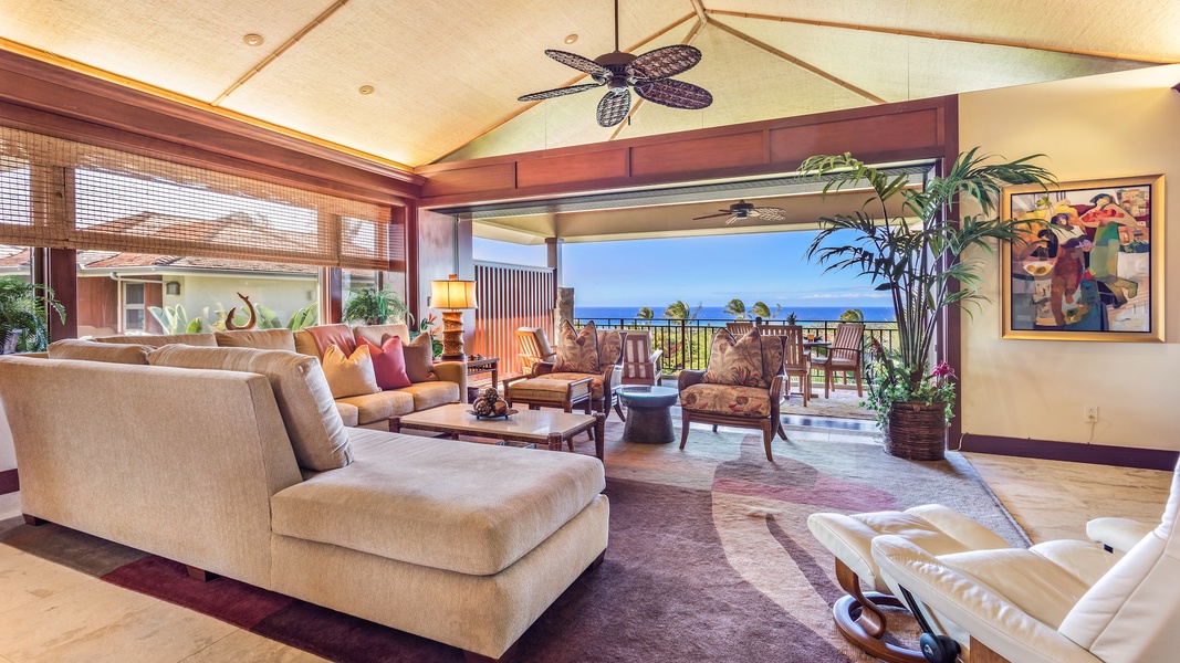 Spacious Living Area w/Vaulted Ceilings, Pocket Doors to Lanai, and Epic Ocean View.