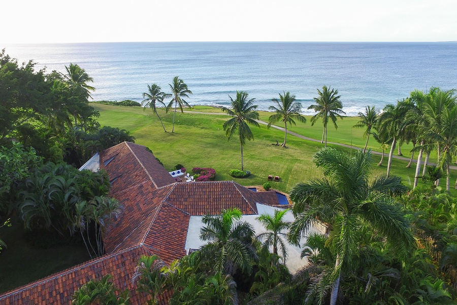 Aerial view of the estate and the beautiful ocean of Dominican Republic.