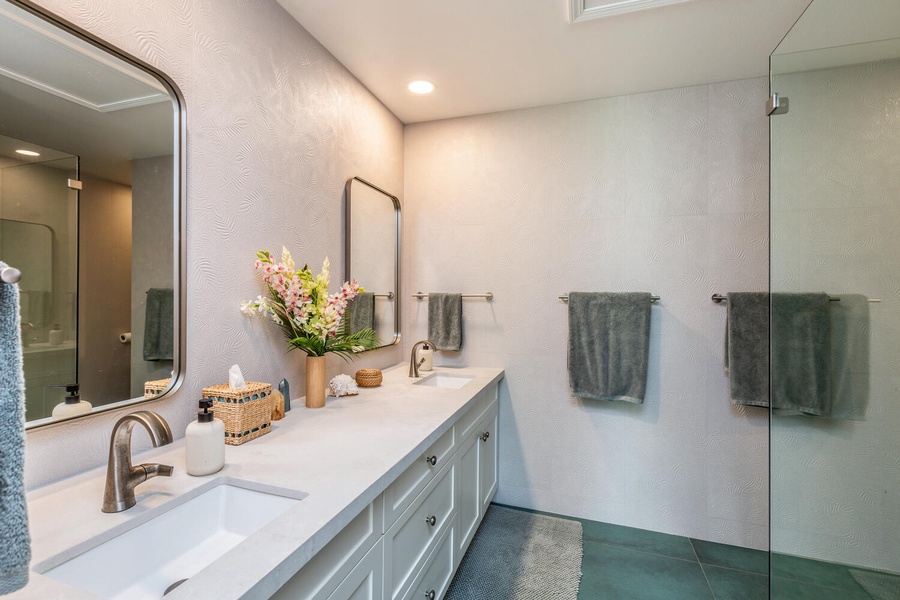 The ensuite bathroom with dual sinks.