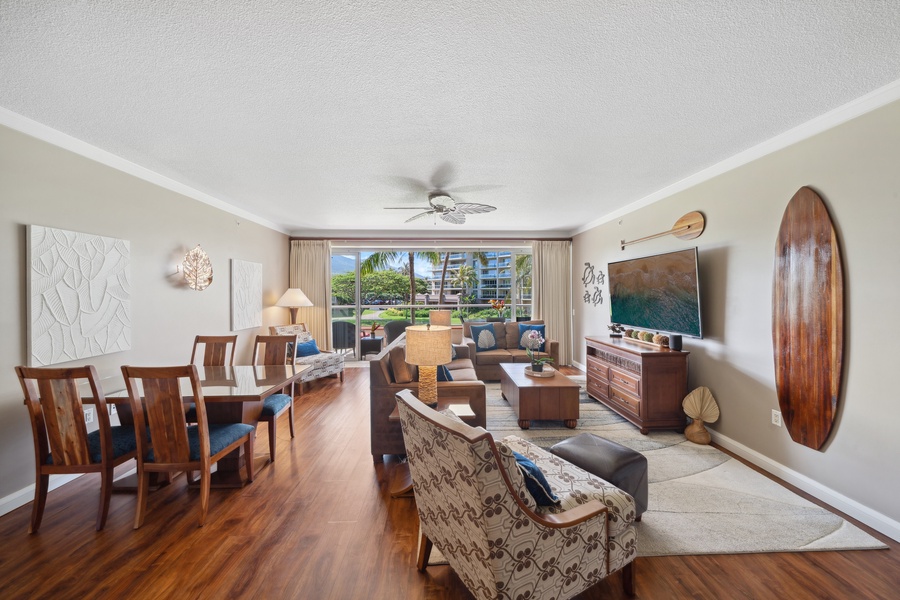 Comfort meets island elegance in the living area at Honua Kai Konea 204—ideal for family gatherings or movie nights.