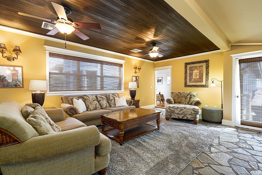 Cozy seating area with ambient lighting, ideal for reading or relaxing.