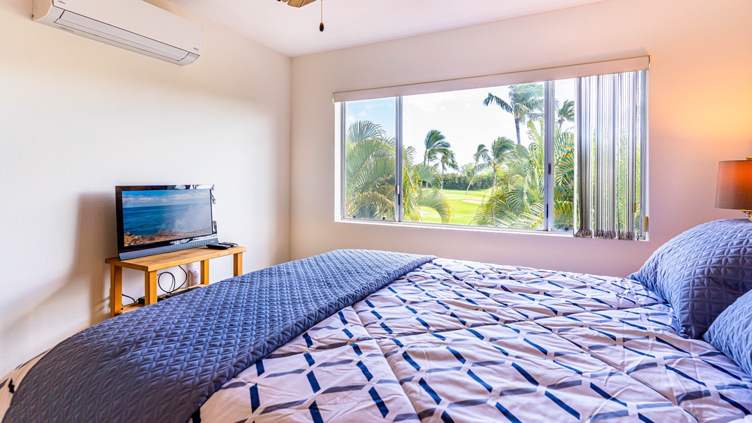 The primary guest bedroom with a television and scenic views.