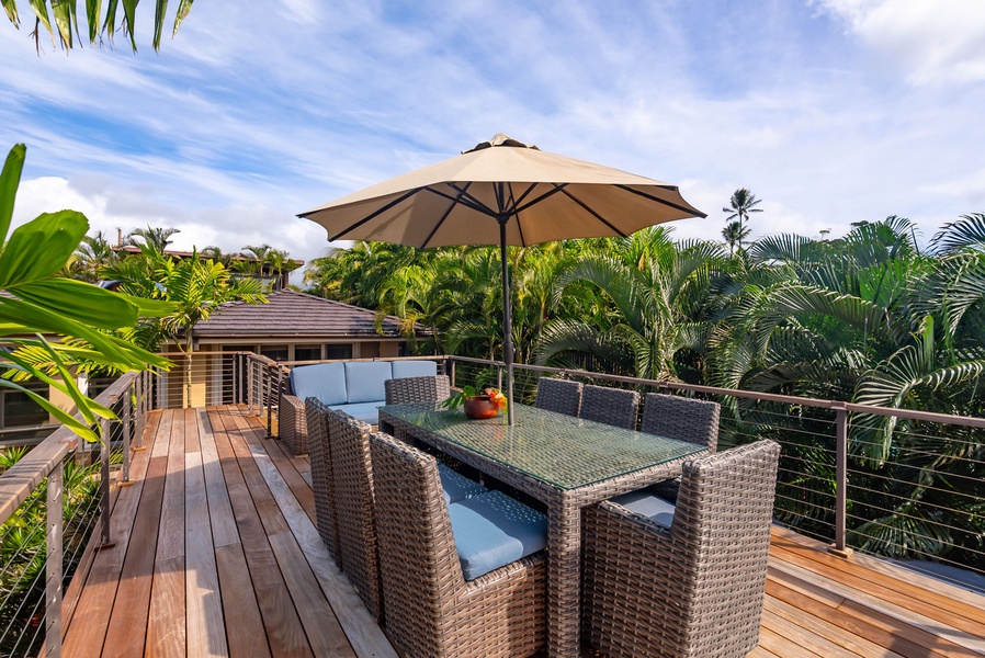 Unwind on your private deck surrounded by swaying palms, where tropical breezes and shaded dining await your perfect island escape.