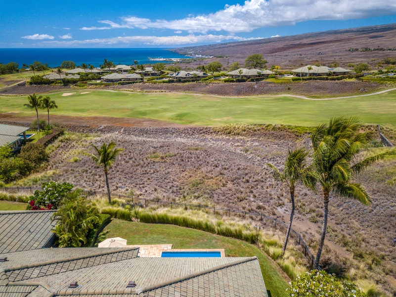 Sweeping views stretch across the Hapuna Golf Course to the Pacific Ocean — capturing the villa’s prime location on Hawai'i Island’s sunny Kohala Coast.
