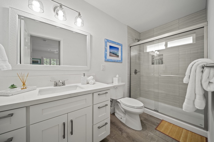 Full bathroom with large, walk-in shower
