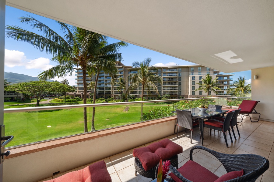 Gather for meals or happy hour with panoramic vistas from the shaded lanai at Honua Kai Konea 204.