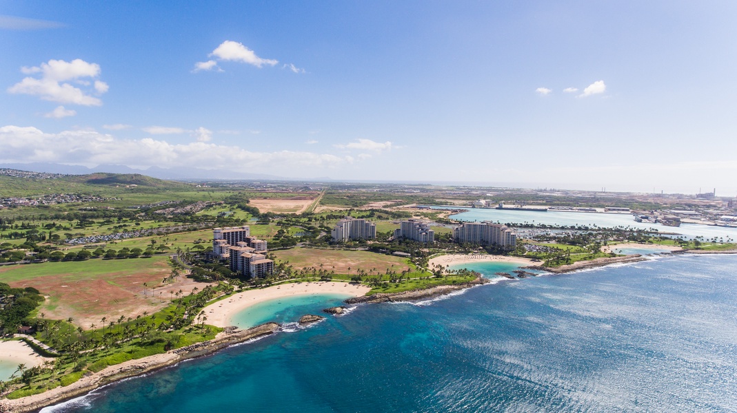 An aerial photo of this vacation rental in Ko Olina Oahu and the surrounding area.