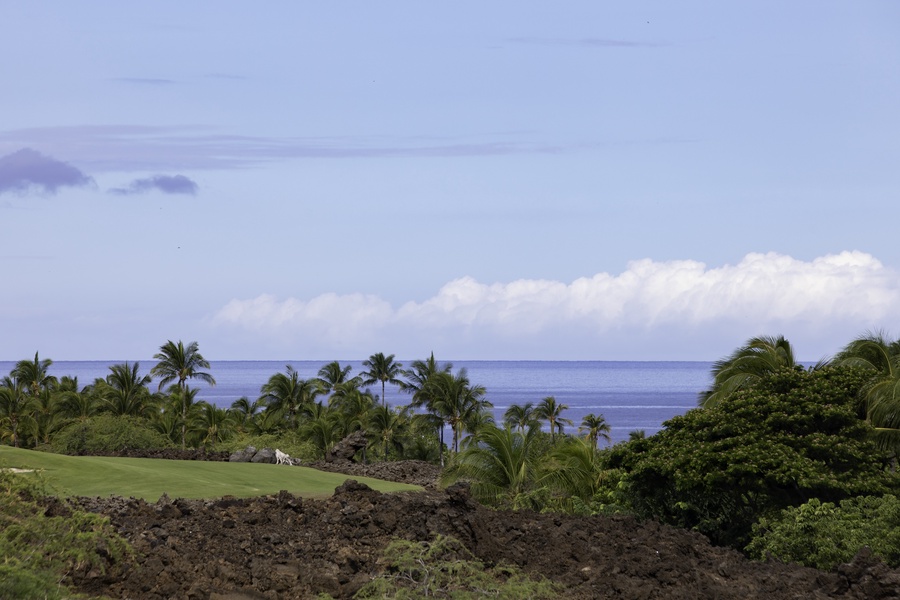 Tropical golf course with lush palm trees and stunning ocean backdrop creates the perfect Hawaiian getaway setting.