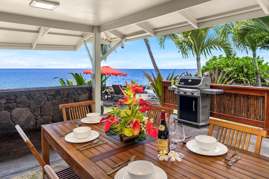 Grill fresh island fish and share meals with family on the shaded lanai overlooking the ocean.