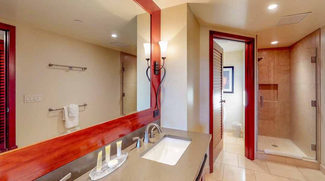The primary guest bathroom featuring a walk-in shower and double vanity.